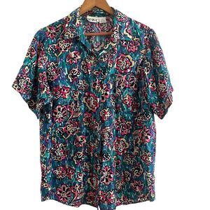 vintage MWC Silk button up Shirt Womens L Floral Top Dark Cottagecore 80s